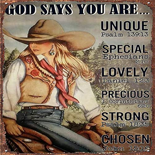 Vintage Metall-Blechschild Cowgirl God Says Beautiful Special Strong Precious Chosen Ride Horse Poster BarTavernPubClub Man Cave Wanddekoration 30,5 x 30,5 cm von Bodyard