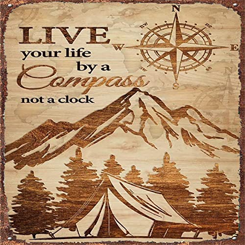 Vintage Metall-Blechschild Live Your Life Camping Kompass Holz Vintage Reise Wanddekoration Poster Blechschild Poster BarTavernPubClub Männerhöhle Wanddekoration 30,5 x 30,5 cm von Bodyard