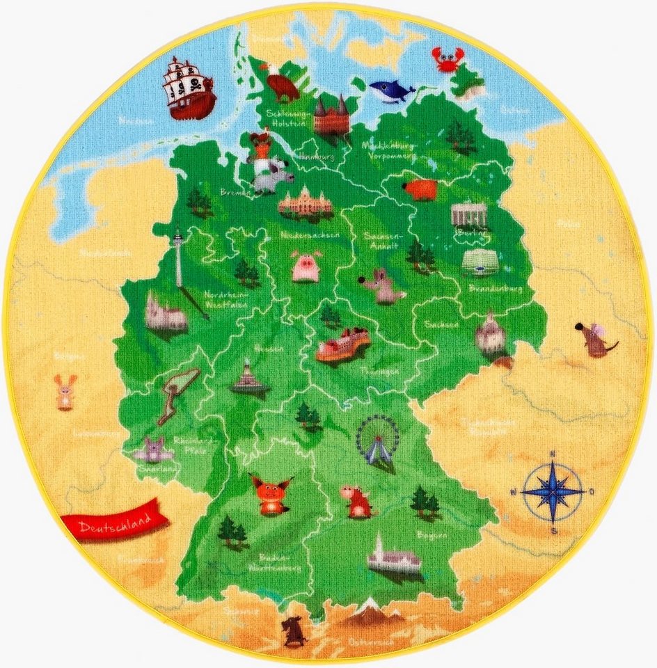 Kinderteppich DeutschlandKarte DE-1, Böing Carpet, rund, Höhe: 2 mm, Spielteppich, Motiv Deutschlandkarte, Kinderzimmer von Böing Carpet