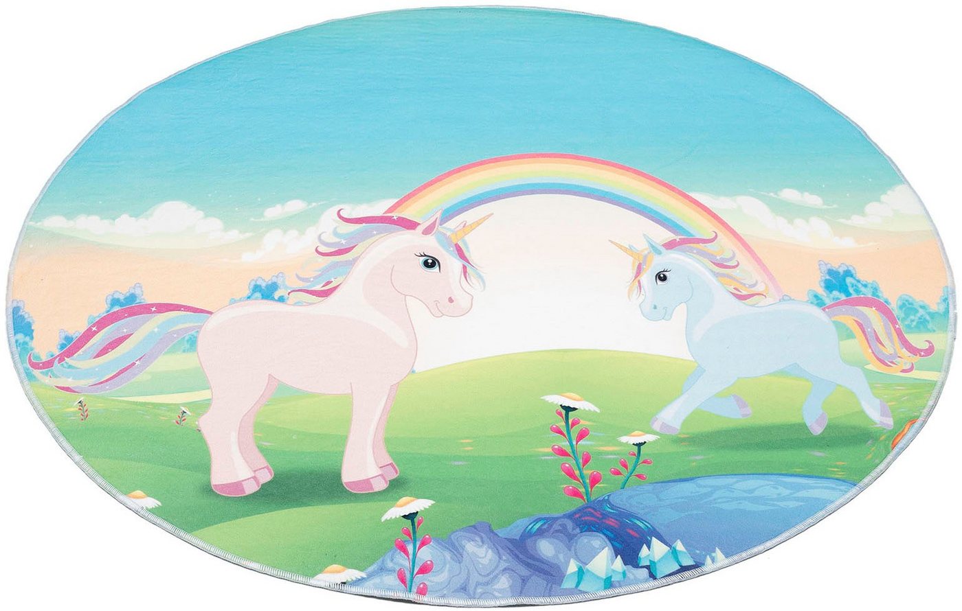 Kinderteppich Einhorn, Böing Carpet, rund, Höhe: 4 mm, bedruckt, Motiv Einhörner & Regenbogen, waschbar, Kinderzimmer von Böing Carpet