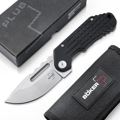 BÖKER PLUS® Dvalin Folder Drop - 1 Hand Klappmesser mit G10 Griff schwarz - modernes Taschenmesser mit extra scharfer D2 Droppoint Klinge - taktisches Edge Flipper EDC Messer mit Etui & Geschenk-Box von Böker Plus