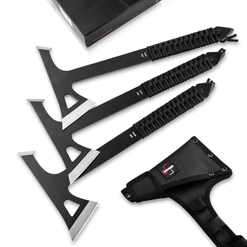 BÖKER PLUS® Mohican - Wurfaxt 3 er Set schwarz - Doppelaxt aus 3Cr13 Stahl - Bushcraft-, Camping-, Outdoor- & Survival-Beil - Hatchet Axe Kit für Wurf-Training - Full-Tang Axt mit Paracord-Griff von BÖKER PLUS