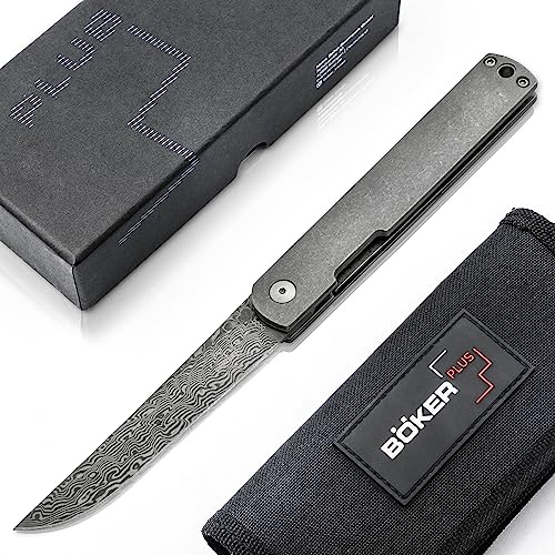 BÖKER PLUS® Nori Damast - japanisches Taschenmesser mit Clip - Damaszener Gentleman Klappmesser mit Titan Griff - Einhand EDC Messer in Geschenk-Box von Böker Plus