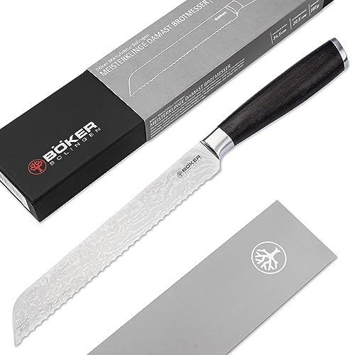 Böker SOLINGEN® Meisterklinge Damast Brotmesser mit Wellenschliff - extrem scharfes Brot- und Brötchen-Messer 20 cm mit Räucher-Eiche Holzgriff in Geschenk-Box von Böker