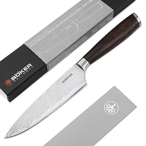 Böker SOLINGEN® Meisterklinge Damast Kochmesser Klein - Profi Küchenmesser mit Holz-Griff aus Räucher-Eiche - kleines Damaskus Chef-Messer mit scharfer 14,5 cm Hybrid-Klinge in edler Geschenk-Bo von Böker