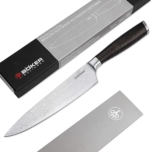 Böker SOLINGEN® Meisterklinge Damast Kochmesser mit Holz-Griff aus Räucher-Eiche - Profi Chef-Messer 20 cm mit extrem scharfer Hybrid-Klinge in edler Geschenk-Box von Böker