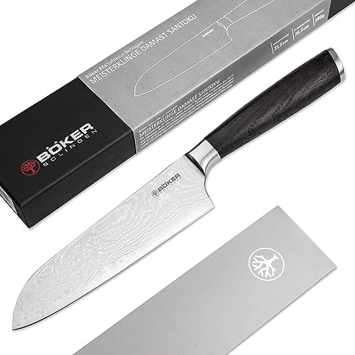 Böker SOLINGEN® Meisterklinge Damast Santoku - extrem scharfes Profi Kochmesser mit 16,5 cm Hybrid Damast Klinge - geschmiedetes Allzweck-Küchenmesser mit Räucher-Eiche Holzgriff in Geschenk-Box von Böker