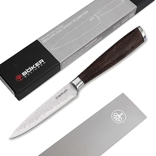 Böker SOLINGEN® Meisterklinge Damast Spickmesser - Damazener Office-Messer mit 9 cm Hybrid-Klinge - Profi Gemüsemesser mit Holzgriff aus Räucher-Eiche - Allzweck Küchen-Messer in Geschenk-Box von Böker