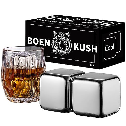 Whisky Steine – 2 große 64 cm³ wiederverwendbare Edelstahl Metall Eiswürfel Getränke kühl Whisky steine für Rotwein, Bier, Scotch, Wodka-Getränke – Silber Geschenkset für Männer von Boenkush