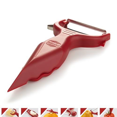Börner Gemüseschäler (6-in-1) • Garnierschäler mit Reibe • Multifunktionsschäler für Obst & Gemüse • Schäler als Obstschäler, Universalschäler, Kartoffelschäler • Farbe: Rot von Börner
