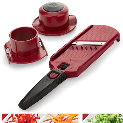 Börner Multi Dicer Julienneschneider Set • Gemüsehobel für Obst & Gemüse mit 2 Schnittarten • Juliennehobel + Fruchthalter + Schiene • Küchenhobel Set (Rot/Schwarz) von Börner