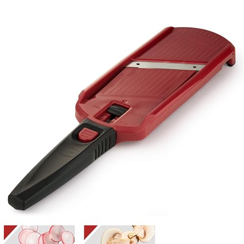 Börner Multi Slicer Gemüseschneider • Gemüsehobel für Scheiben in 2 Schnittstärken • Vegetable Slicer für Obst & Gemüse • Kompakter Mini Küchenhobel • Farbe: Rot mit schwarzem Griff von Börner