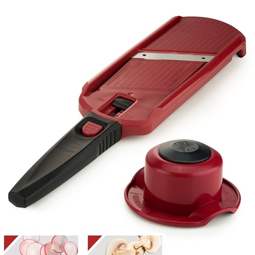 Börner Multi Slicer Set (Gemüseschneider + Fruchthalter) • Gemüsehobel für Scheiben in 2 Schnittstärken • Scheibenschneider für Obst & Gemüse • Kompakter Küchenhobel • Farbe: Rot von Börner
