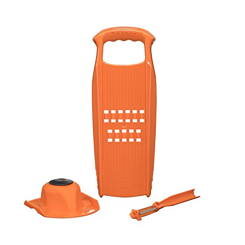 Börner Rösti PowerLine Kartoffelpuffereibe Set (3-tlg.) • Gemüsereibe inkl. Fruchthalter + Sparschäler • Gemüsehobel für Schweizer Rösti • Kartoffel-Küchenhobel (Orange) von Börner