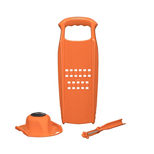 Börner Rösti PowerLine Reibe Set (3-tlg.) • Gemüsereibe + Fruchthalter + Sparschäler • Gemüsehobel für Rösti, Zucchinipuffer, Kartoffelpuffer • Kartoffel Küchenhobel • Farbe: Orange von Börner