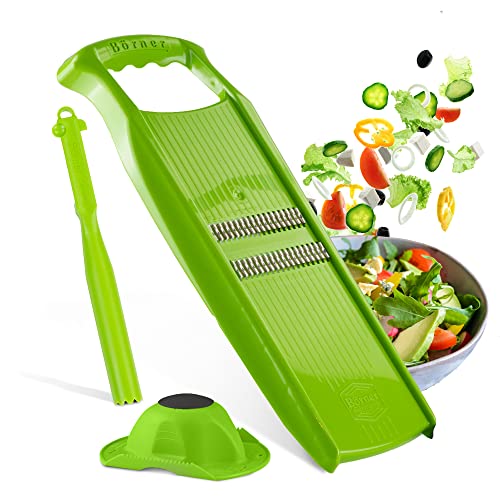 Börner Roko PowerLine Gemüseschneider Geschenk-Set (3-tlg.) • Feiner Streifenschneider für Obst & Gemüse + Fruchthalter + Kombischäler • Gemüsehobel • Küchenhobel Set • Farbe: Grün von Börner