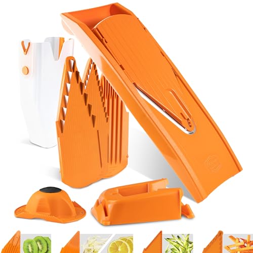 Börner Gemüsehobel V1 (Profi Set) • V-Hobel mit 4 Einsätzen, Fruchthalter, Dockingstation & Box • Verstellbarer Hobel für Gemüse & Obst • Für Scheiben, Streifen & Würfel • Farbe: Orange von Börner