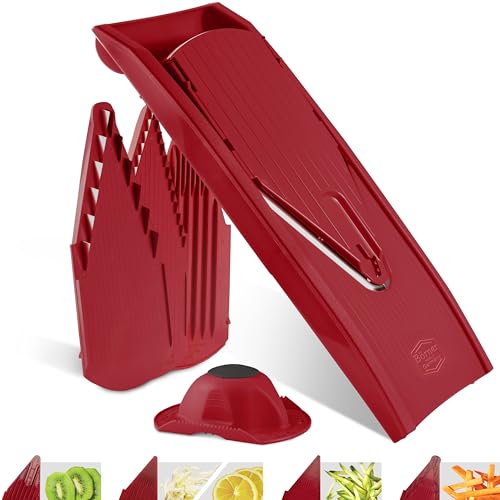 Börner Gemüsehobel V1 ClassicLine Starter-Set (6-tgl.) • V-Hobel Klassiker + Fruchthalter + 2x Messereinschub (3,5 & 7mm) + Scheiben und Sicherheitseinschub • Gemüsereibe • Küchenhobel (Rot) von Börner