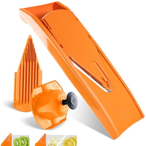 Börner Gemüsehobel V1 (Basis Set) • V-Hobel mit 2 Einsätzen & Fruchthalter • Verstellbarer Küchenhobel für Gemüse & Obst • Gemüseschneider für Scheiben in 3 Stärken • Farbe: Orange von Börner