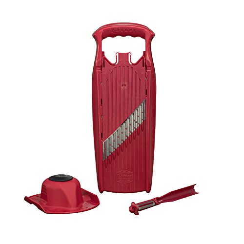 Börner Welle-Waffel PowerLine Wellenschneider + Fruchthalter + Schäler (3er Set) • Gemüseschneider für Wellen- & Waffelschnitt • Hobel für Gitterkartoffeln & Pommes • Farbe: Rot von Börner