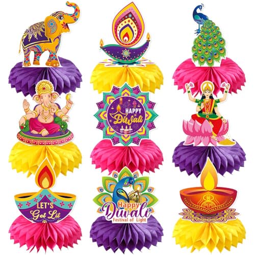 Diwali-Dekorationen, Waben-Tischdekorationsset, 9-tlg. Happy-Diwali-Tischdekorationsschild, Diwali-Licht, Ganesha, Pfau für die Lichterfest-Partydekoration, Deepavali, Hindu-Partyzubehör von Boerni