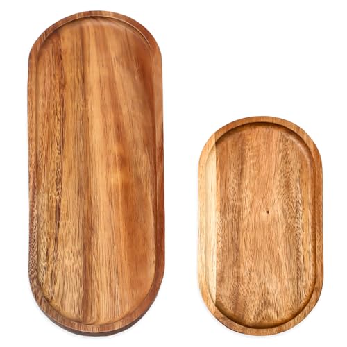 Bofanze 2 Stück Ovale Holztabletts Serviertabletts Holztablett Akazie Braunes Deko Serviertablett Holztabletts Kleines Oval Dekorative Tabletts Naturholz Servierbrett für Kuchen, Snacks, Früchte von Bofanze