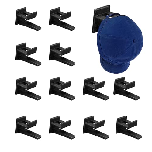 Cap Halter (12 Stück),Starker Kappenaufhänger,Baseball Cap Halter,Hutablage Schwarz, Huthaken für Wandmontage Hut Baseball Kappe Kleiderbügel Veranstalter, kein Bohren (Schwarz) von Bogoro