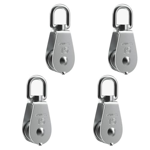 Bohaner 4 Stück Edelstahl Flaschenzugrolle M15 Riemenscheibe Blöcke Tragfähigkeit 35 kg 360-Grad-Drehung Ladelulle klein Flaschenzug Einzelsatz für Seilhebekabel Silber von Bohaner