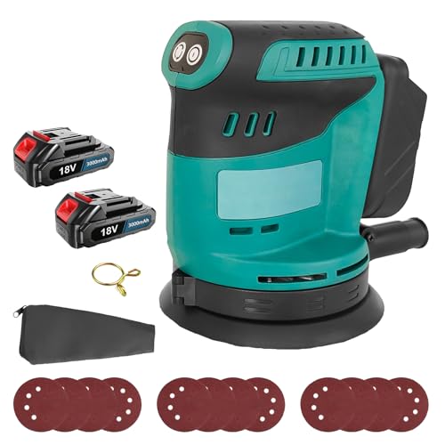 Akku Exzenterschleifer, 125 mm Exzenterschleifer mit 18V 3Ah Akku, 12000rpm Akkuschleifer,Schleifgerät mit 12PCS Schleifpapier, Staubbeutel (3000mAh Akku x2) von Bohemen