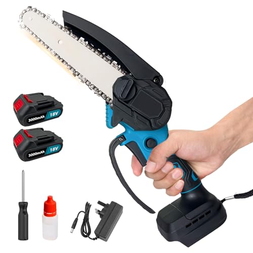 Akku Kettensäge,6 Zoll Kettensäge zum Holzschneiden und Baumbeschneiden (18V,500W,2 Ketten,5500mah Batterie*2) (blau, 6 Zoll(3Ah Battery*2)) von Bohemen