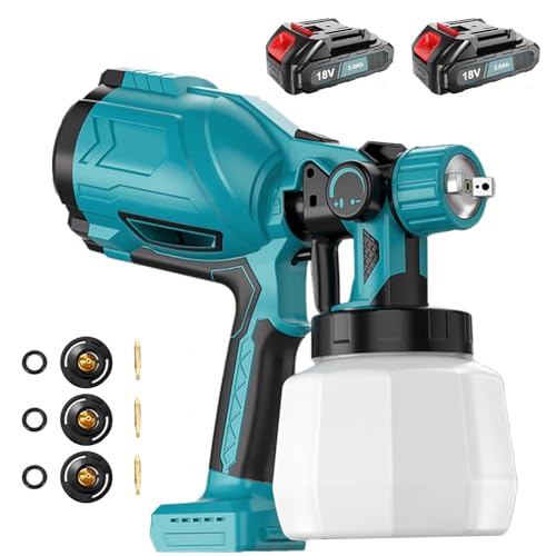 Neue Upgrades Farbsprühsysteme， Kompatibel mit Makita 18V Akkus, Elektro Zaun Lackierpistole mit 3 Düsen, 3 Spritzmuster,mit Abnehmbarem 1000ml-Farbeimer(2x3000mAh Akku und Ladegerät) von Bohemen