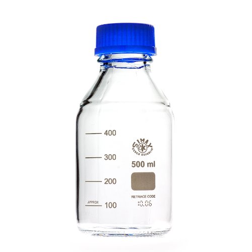 Laborgewindeflaschen mit blauer Kappe und Ring 500 ml, aus Borosilikatglas, blauer Ausgießring, Gewindeflasche, Glasflasche von Simax