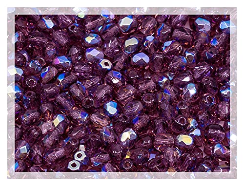 100pcs of Faceted Fire Polished Pressed Czech Glass Beads 4mm (0.16in), Amethyst AB Violet Purple 20060-28701 BCV von Bohemia Crystal Valley