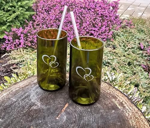 2 pcs Set of Water Glasses made from recycled wine bottle with glass straw, Glass, Czech Republic (0.4 litre) von Bohemia Crystal Valley