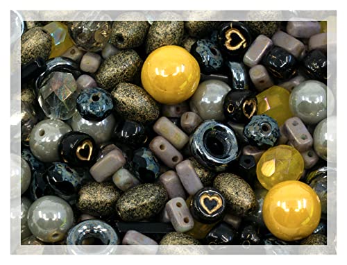 2.1oz (60 g) Mix of Unique Czech Bohemia Glass Pressed Beads, Matte and Glossy, Hand Made, Luster Gray Yellow von Bohemia Crystal Valley