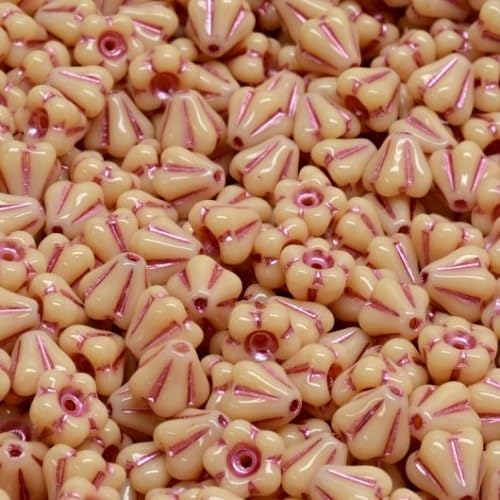 24 pcs Bell flower glass pressed beads 4 x 6 mm beige pink lined von Bohemia Crystal Valley