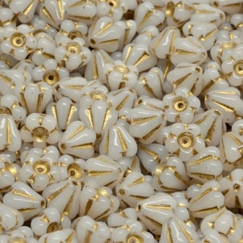 24 pcs Bell flower glass pressed beads 4 x 6 mm opal gold lined von Bohemia Crystal Valley