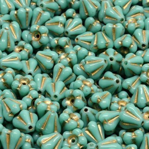 24 pcs Bell flower glass pressed beads 4 x 6 mm turquoise gold lined von Bohemia Crystal Valley