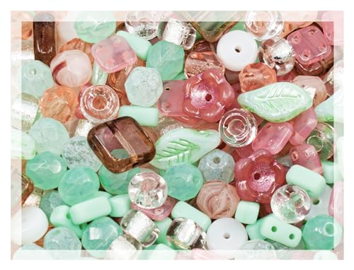 40 g LIMITED Mix of Czech Glass Beads, Matte and Glossy, Faceted Fire Polish, Hand Made Set Kit, Pale Green Pink von Bohemia Crystal Valley