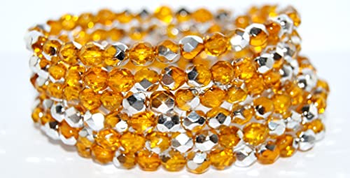 400 stk Feuer polierte runde facettierte Perlen, transparente Orangenkristall Silber Halbbeschichtung (90020 27001), Glas, Tschechische Republik, Größe 6 mm (0.24 in) von Bohemia Crystal Valley
