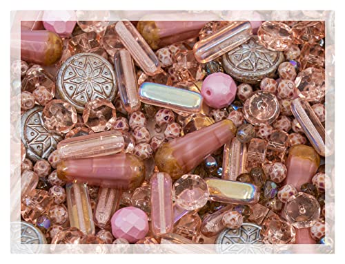 60 g Mix of Unique Czech Bohemia Glass Pressed Beads, Dirty Pink Antique, Table Cut, Matte and Glossy, Faceted Fire Polish, Hand Made Set Kit BCV von Bohemia Crystal Valley