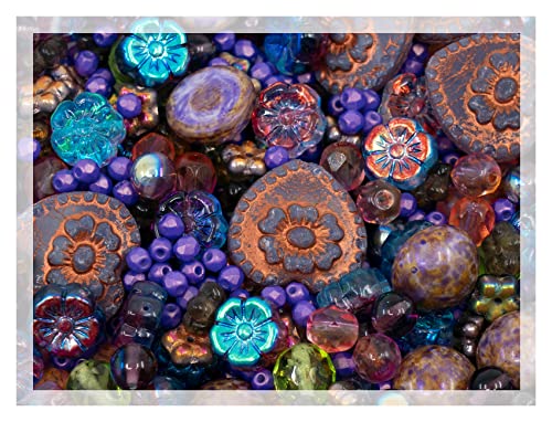 60 g Mix of Unique Czech Bohemia Glass Pressed Beads, Crazy Purple Green Copper, Table Cut, Matte and Glossy, Faceted Fire Polish, Hand Made Set Kit BCV von Bohemia Crystal Valley