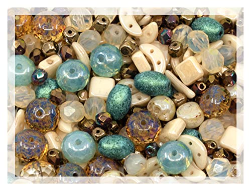60 g Mix of Unique Czech Bohemia Glass Pressed Beads, Matte and Glossy, Hand Made, Beige Blue Luster von Bohemia Crystal Valley