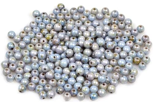 60pcs Runde gepresste Perlen 4 mm, Kreide weißer Fleck mit Glanzblau (3000-65431), Böhmisches Kristall Glas, Tschechien 11119001 Round Pressed Beads von Bohemia Crystal Valley