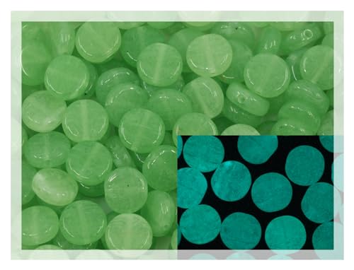 70+ pcs Flat Round Coin 1-hole glass beads (25g), 8mm, Czech Republic, Dirty Bright Green - Glow in the Dark Bright Blue von Bohemia Crystal Valley