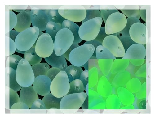 Czech 50-Piece Glass Beads, 6x9mm, Teardrop Glow Under Blacklight Transparent Blue Green Matte von Bohemia Crystal Valley