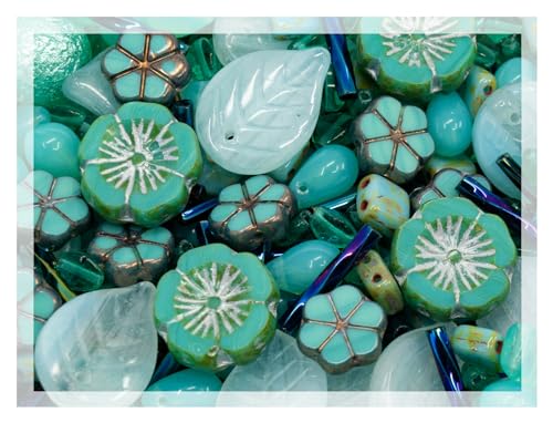 Czech Glass Bead mix with Table Cut Flower Beads, Leaf Beads, Uranium glass Beads and other (4-20 mm) Turqouise von Bohemia Crystal Valley