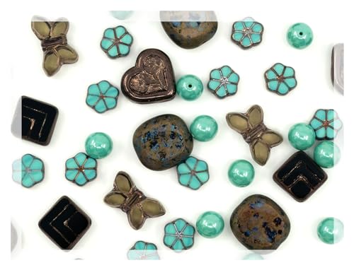 45+ pcs (60g) of Focal Glass Bead Mix with Table-Cut Flower and Butterfly Beads, PG Turqouise Brown Brass von Bohemia Crystal Valley