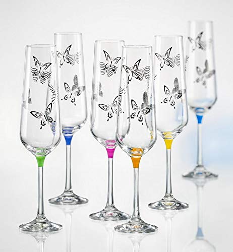 Bohemia Butterfly Sektgläser Kristall Sektglas 200 ml mehrfarbig mit Schmetterlingen 6er Set von Bohemia