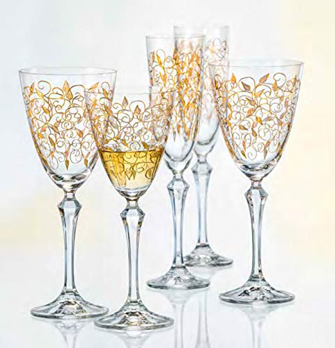 Bohemia Weißweingläser Kristall, Weinglas, Model Leaves Gold, Gold Gravur, 6er Set, 250 ml von Bohemia